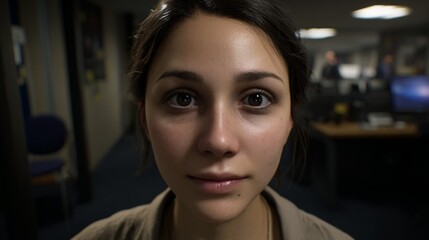 Obraz premium Close-up portrait of a young woman with expressive eyes in an office setting