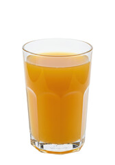 Full glass of orange beverage sits on black background. Clear glass, liquid, refreshing