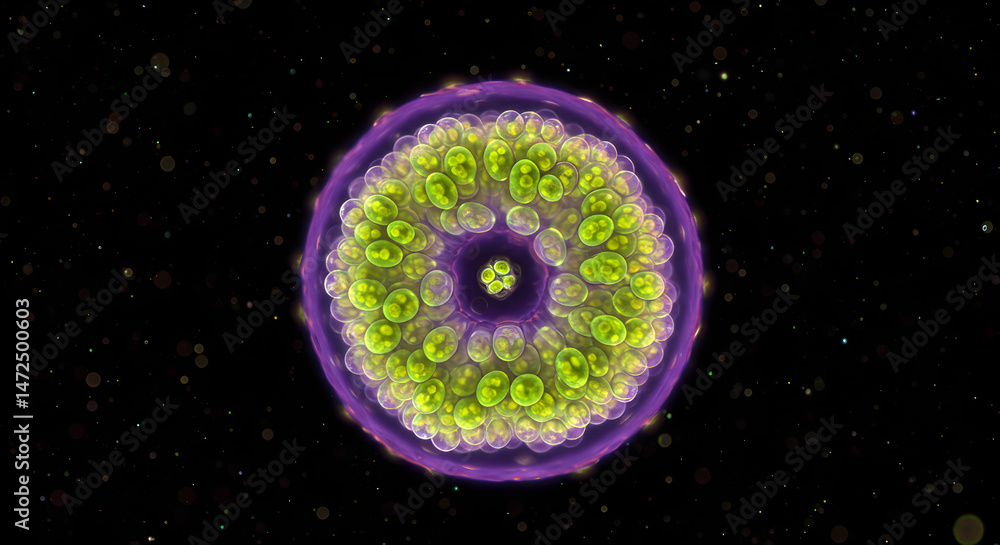 Poster mesmerizing circular fractal art with green purple and yellow hues on a dark speckled background wit