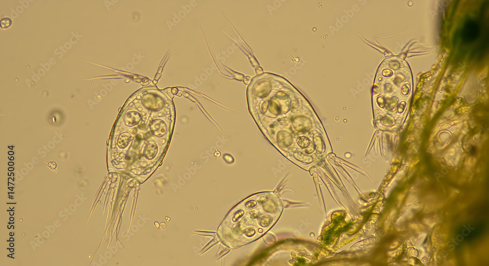 Poster microscopic aquatic organisms clustering near green algae under bright field illumination