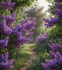 Abundant lilac branches, vibrant purple hues, lush greenery, spring background, leaves