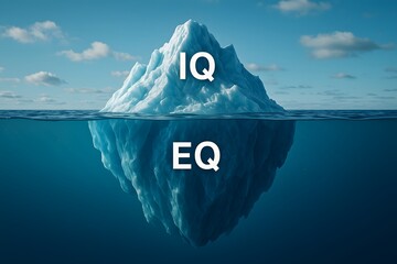 A 3D iceberg graphic illustrates IQ above water and EQ below in a clear sky. Concept of personal growth and mental health balance.