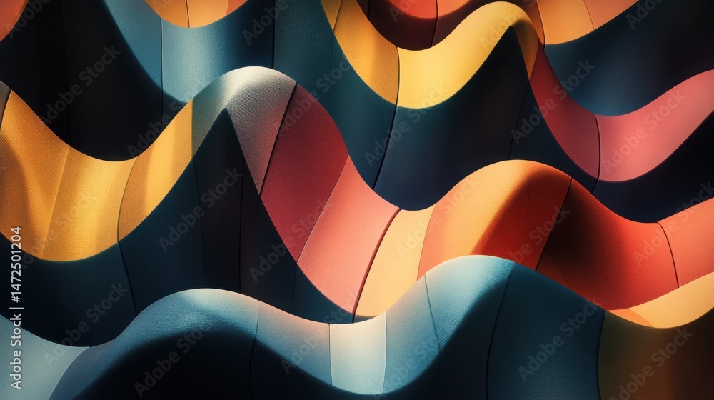 Poster abstract waves of color in shades of blue orange red and yellow creating a dynamic and flowing patte