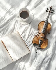 Fototapeta premium Overhead view of a musical instrument coffee cup and open book on a white cloth bathed in sunlight.