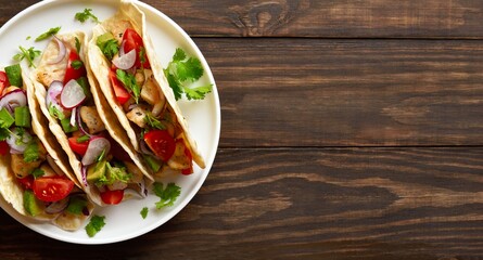 Tacos with vegetables and meat on wooden background