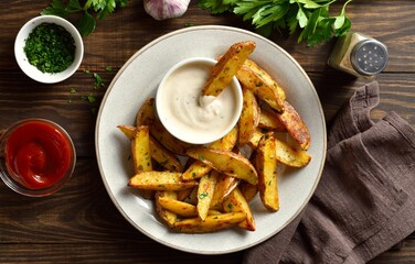 Baked potato wedges served with sauce