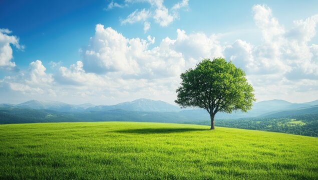 Lush green field with lone tree, mountains and clouds