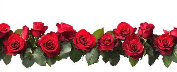 Beautiful Arrangement of Fresh Red Roses with Green Leaves for Floral Decoration and Romantic Occasions Ideal for Card Designs and Backgrounds