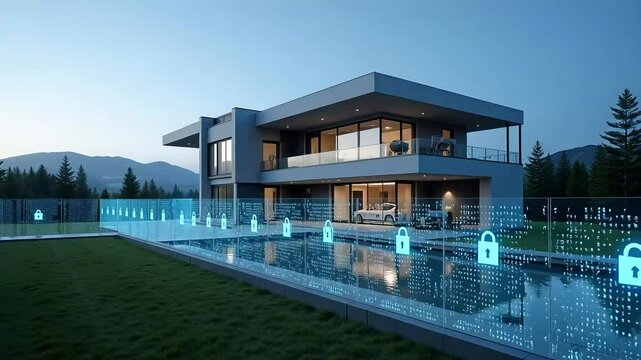 Modern Smart Home Security System Luxurious Residence with Advanced Technology and Pool at Dusk