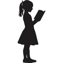 Silhouette of little girl reading a book in a dress.