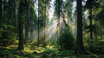 Obraz premium Sunlight Filtering Through Tall Trees in Lush Green Forest Scene