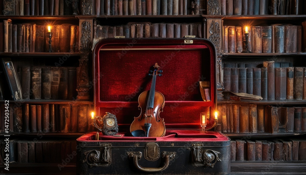 Poster a detailed composition features a string instrument inside an open vintage case, with a backdrop of 