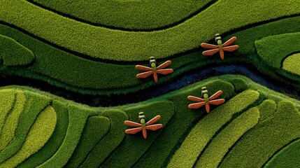 a rice field with drones shaped like dragonflies flying in synchronized patterns 