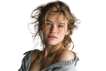 Beautiful freckled woman portrait with messy blonde hair and gray shirt against a studio shot fashion model girl face eyes on transparent background