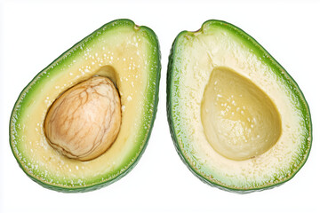 sliced ripe avocado with the seed visible, placed on a bold, solid-colored background 
