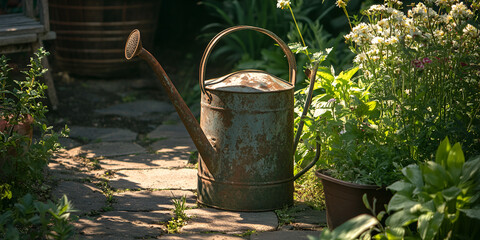 Rusty Watering Can in Blooming Meadow

