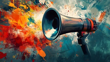 Digital illustration of a megaphone amidst an explosion of vibrant paint splatters.