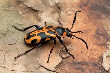 Fototapeta premium A striking black and orange bug resting on textured bark, showcasing intricate patterns and details.