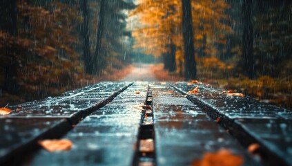 Rainy Autumn Forest Bench
