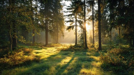 Obraz premium Serene Forest at Sunrise with Golden Light and Tranquil Atmosphere