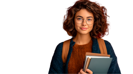 Portrait of a smiling young student woman with curly brown hair wearing glasses holding books and a on transparent background fall