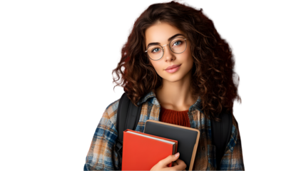 Portrait of a young attractive student girl with curly hair holding books and a tablet wearing glasses on transparent background