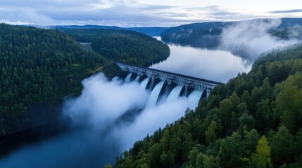 Fototapeta premium Powerful water cascades from the dam into a tranquil river, framed by dense forest. Morning mist lingers, creating a serene atmosphere in this natural setting