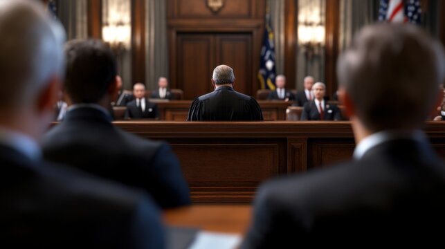 Legal proceedings take place in a courtroom filled with attorneys and a judge. The atmosphere is serious as the judge addresses the panel of lawyers attending the session