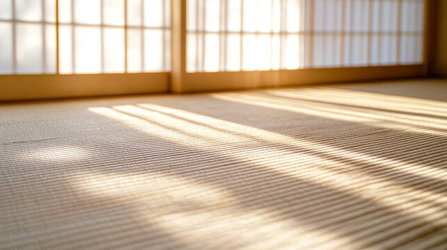 Close Up Interior of Japanese tatami rattan flooring, soft sunlight streaming through shoji screen casting shadows on the floor. Tranquil atmosphere.