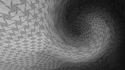 Abstract black-and-white visual featuring a textured swirl, showcasing intricate geometric patterns and gradients, creating a mesmerizing optical effect.