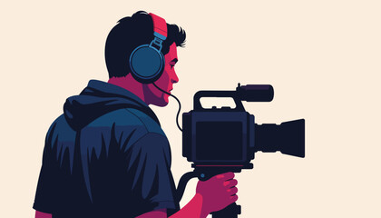 Focused videographer capturing action with camera, filmmaking passion