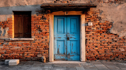 Rustic blue door in brick facade