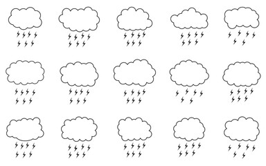 Rainy Cloud Icon Set: A collection of twelve simple yet expressive rainy cloud icons, perfect for weather apps, websites, or presentations, featuring rain and lightning.