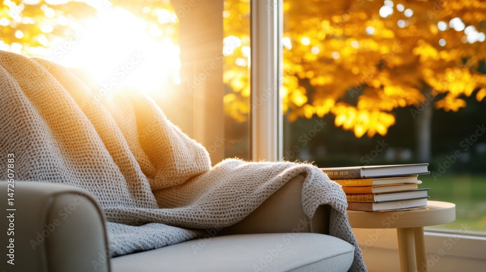Poster a comfortable couch draped with a soft blanket sits beside a small table stacked with books. sunligh