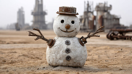 Scrap heap snowman in desolate landscape