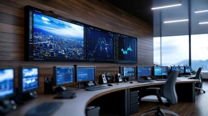 A sleek trading floor featuring large screens showing city landscapes and financial graphs. Workstations equipped with technology showcase real-time data analysis in a contemporary environment