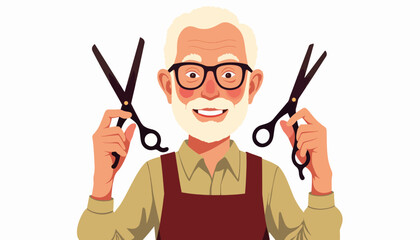 Elderly hairdresser smiling with scissors, joy in hairstyling