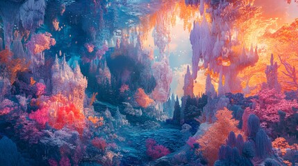 3D render of a surreal, glowing canyon with towering, fantastical rock formations.