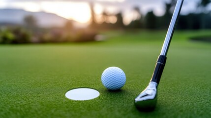 A golf ball rests near the hole on a vibrant green putting surface under a beautiful sunset. The golf club is positioned, ready for a precise shot