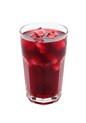 Refreshing red liquid fills a glass with ice, condensation on the side, isolated on black background