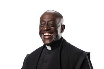 Smiling Black Priest PNG – Transparent Background – Happy African Pastor – Christian Clergy Man – Joyful Priest Face for Religious Design, Website, Graphic or Church Project. Png cut out.

