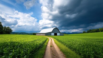 A dirt path winds through vibrant green fields leading to a rustic barn under a dramatic cloudy sky. The scene captures the essence of rural tranquility and farm life