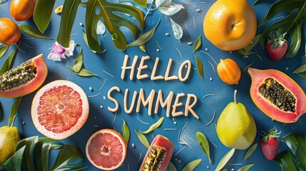 Blue background with tropical fruits and hello summer text