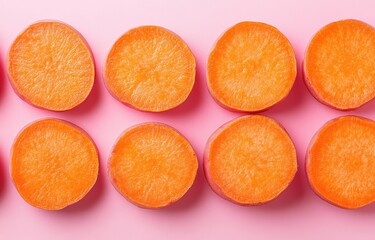 Bright Orange Carrot Slices on Pink Background