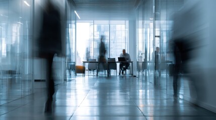 Modern office corridor with blurred figures.