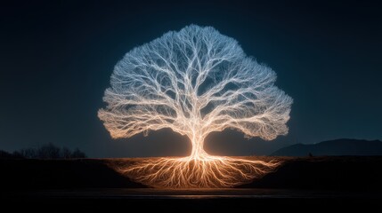 roots of a tree forming a glowing network diagram below the ground, symbol of organic connection 