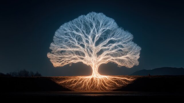 roots of a tree forming a glowing network diagram below the ground, symbol of organic connection 