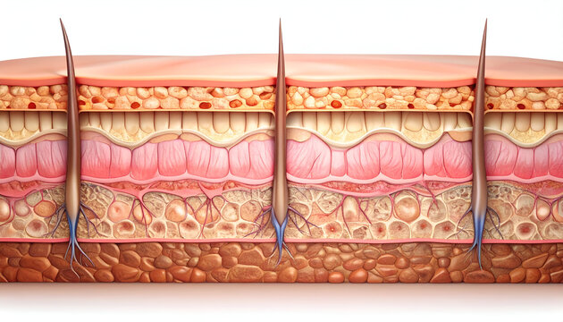 Anatomical cross-section of human skin showing epidermis dermis and hypodermis with structural detail - 3d view
