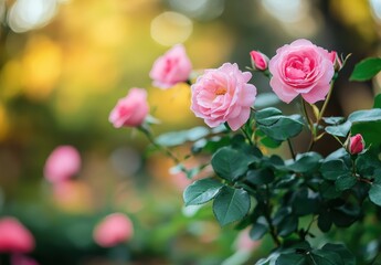 Beautiful pink roses blooming in a serene garden setting with soft natural light and blurred background, perfect for spring and floral themes