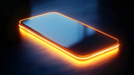3D render of a smartphone illuminated with vibrant orange glow against a dark, metallic surface.